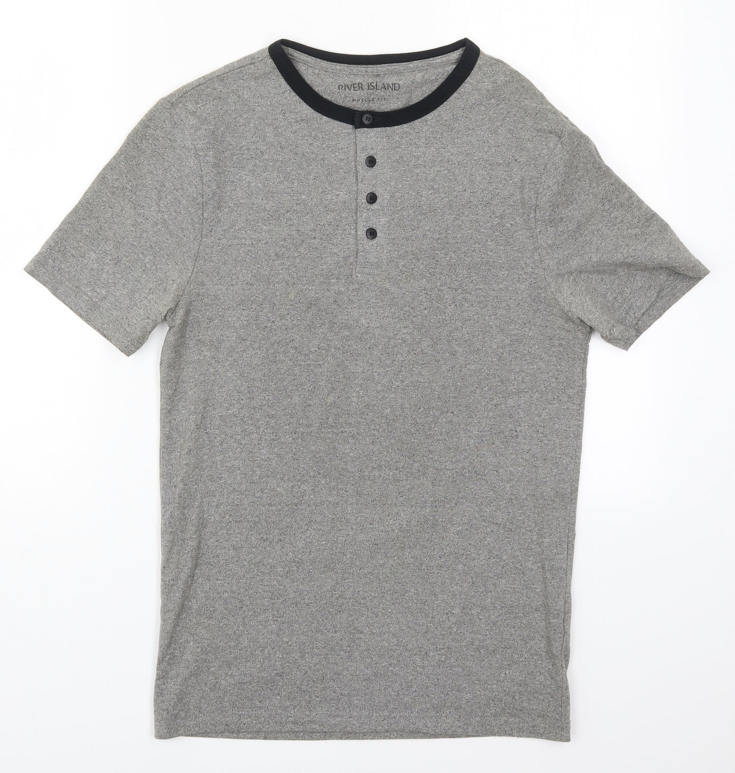 River Island Mens Grey  Cotton  T-Shirt Size S Henley