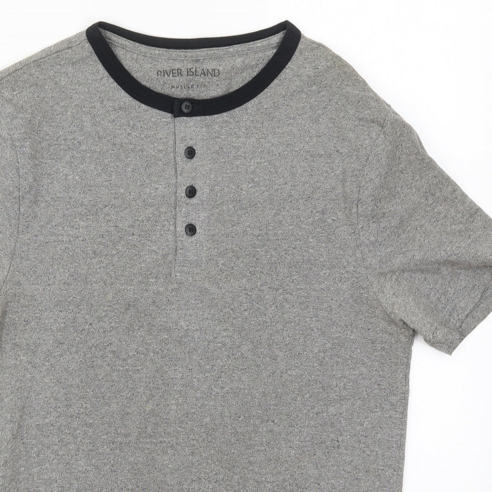 River Island Mens Grey  Cotton  T-Shirt Size S Henley