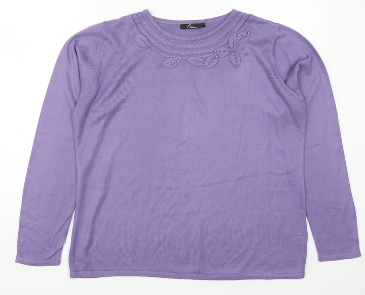 Bonmarché Womens Purple Round Neck Acrylic Pullover Jumper Size M - Leaves
