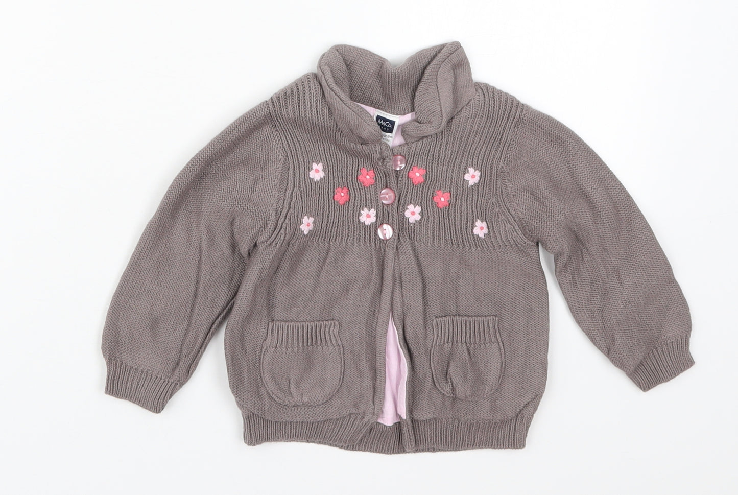 M&Co Girls Brown Floral Cotton Cardigan Jumper Size 9-12 Months  Button