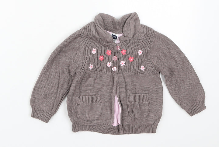 M&Co Girls Brown Floral Cotton Cardigan Jumper Size 9-12 Months  Button