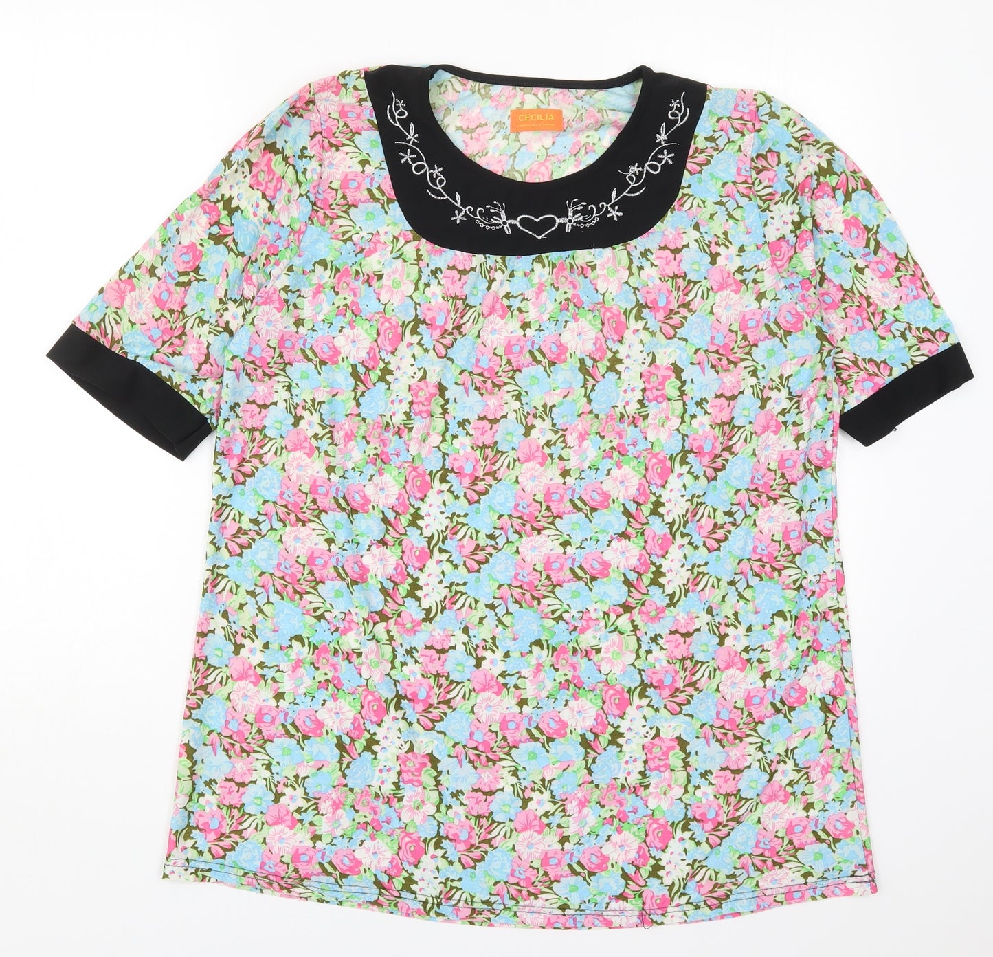 Cecilia Womens Multicoloured Floral Polyester Basic T-Shirt Size M Round Neck