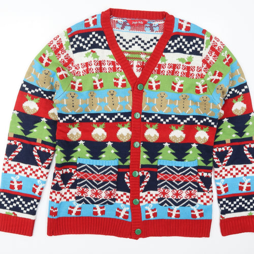 Jingle Bells Mens Multicoloured V-Neck Geometric Acrylic Cardigan Jumper Size L   - Christmas Prints