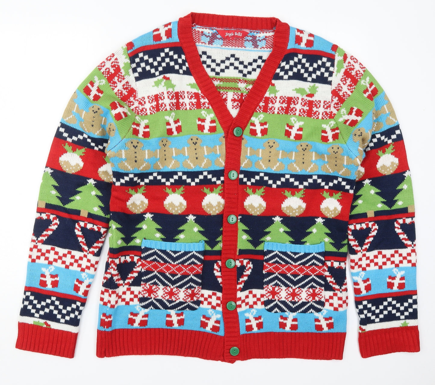 Jingle Bells Mens Multicoloured V-Neck Geometric Acrylic Cardigan Jumper Size L   - Christmas Prints