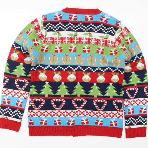 Jingle Bells Mens Multicoloured V-Neck Geometric Acrylic Cardigan Jumper Size L   - Christmas Prints