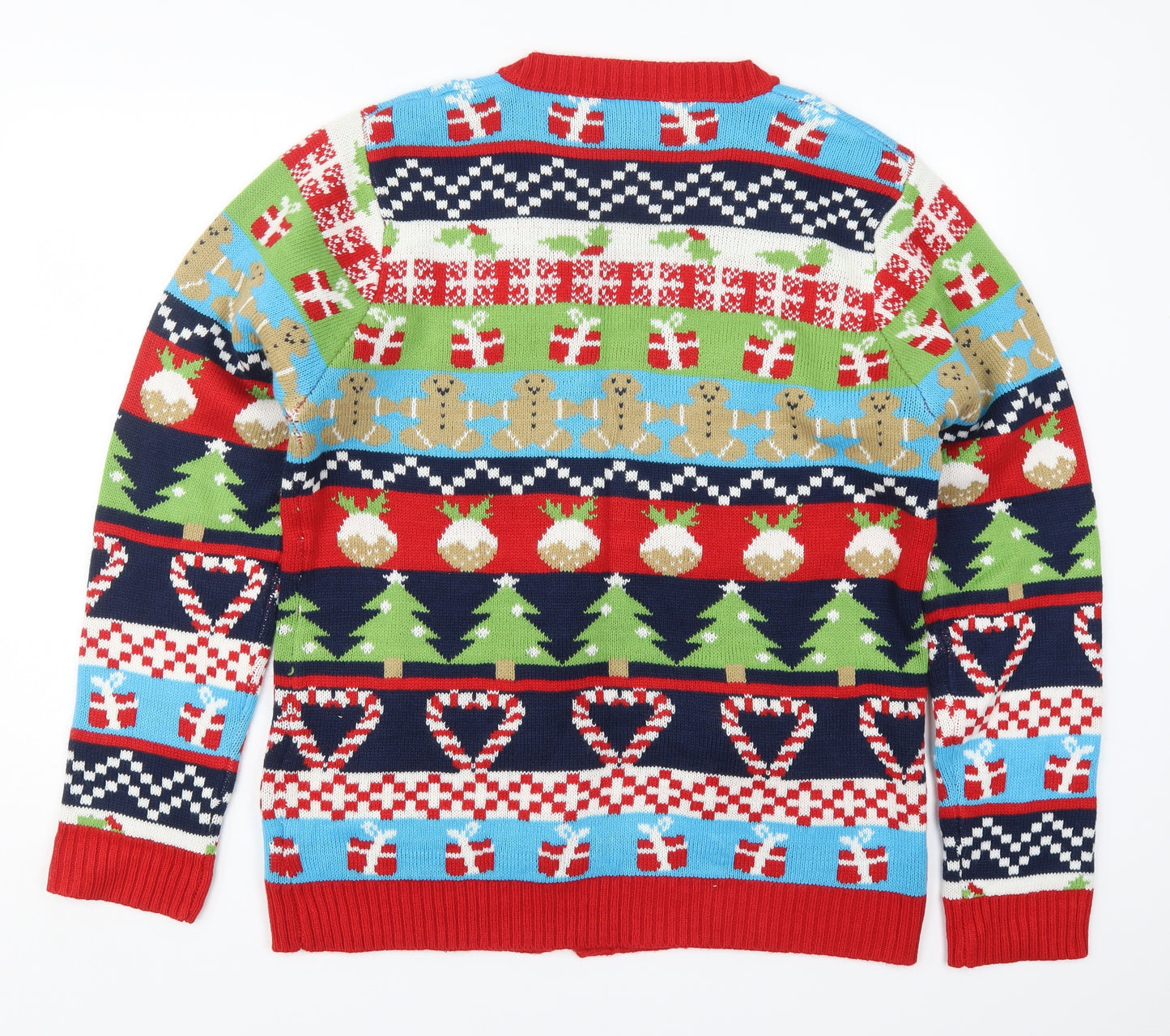 Jingle Bells Mens Multicoloured V-Neck Geometric Acrylic Cardigan Jumper Size L   - Christmas Prints