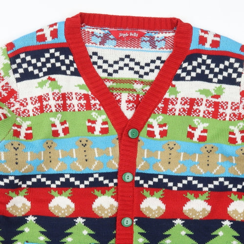 Jingle Bells Mens Multicoloured V-Neck Geometric Acrylic Cardigan Jumper Size L   - Christmas Prints