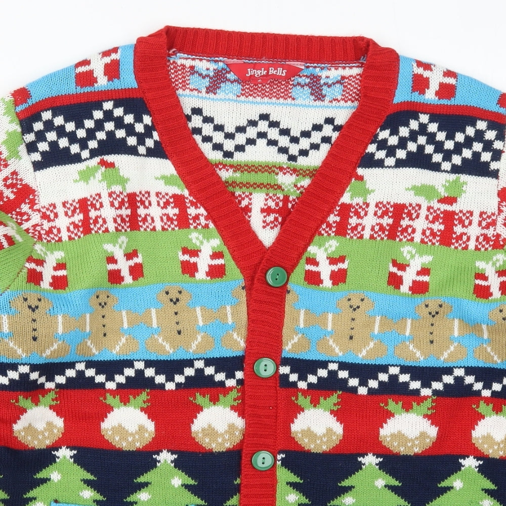 Jingle Bells Mens Multicoloured V-Neck Geometric Acrylic Cardigan Jumper Size L   - Christmas Prints