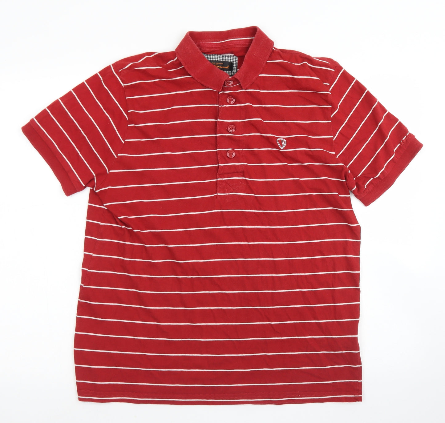 Ben Sherman Mens Red Striped Cotton  Polo Size L Collared Button