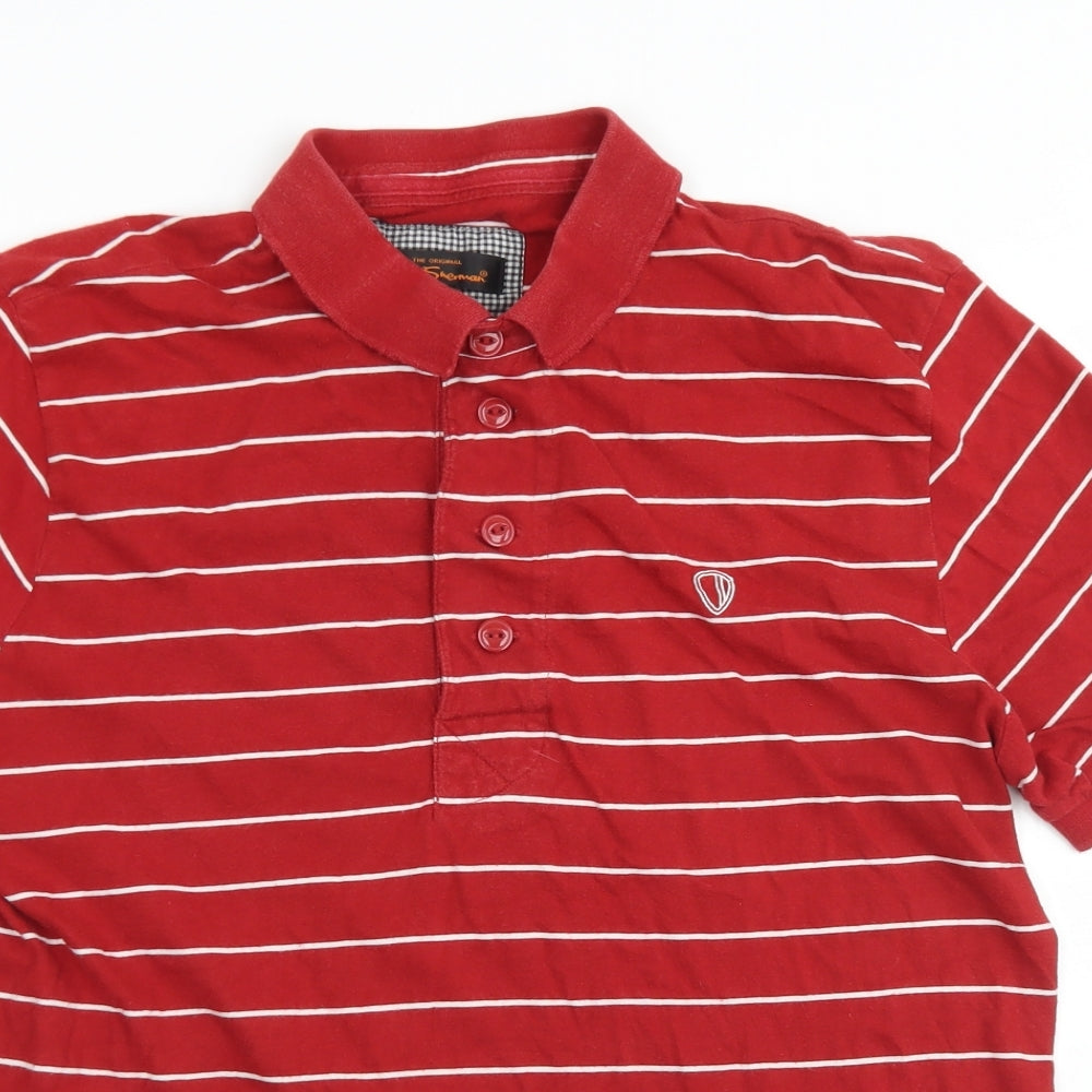 Ben Sherman Mens Red Striped Cotton  Polo Size L Collared Button