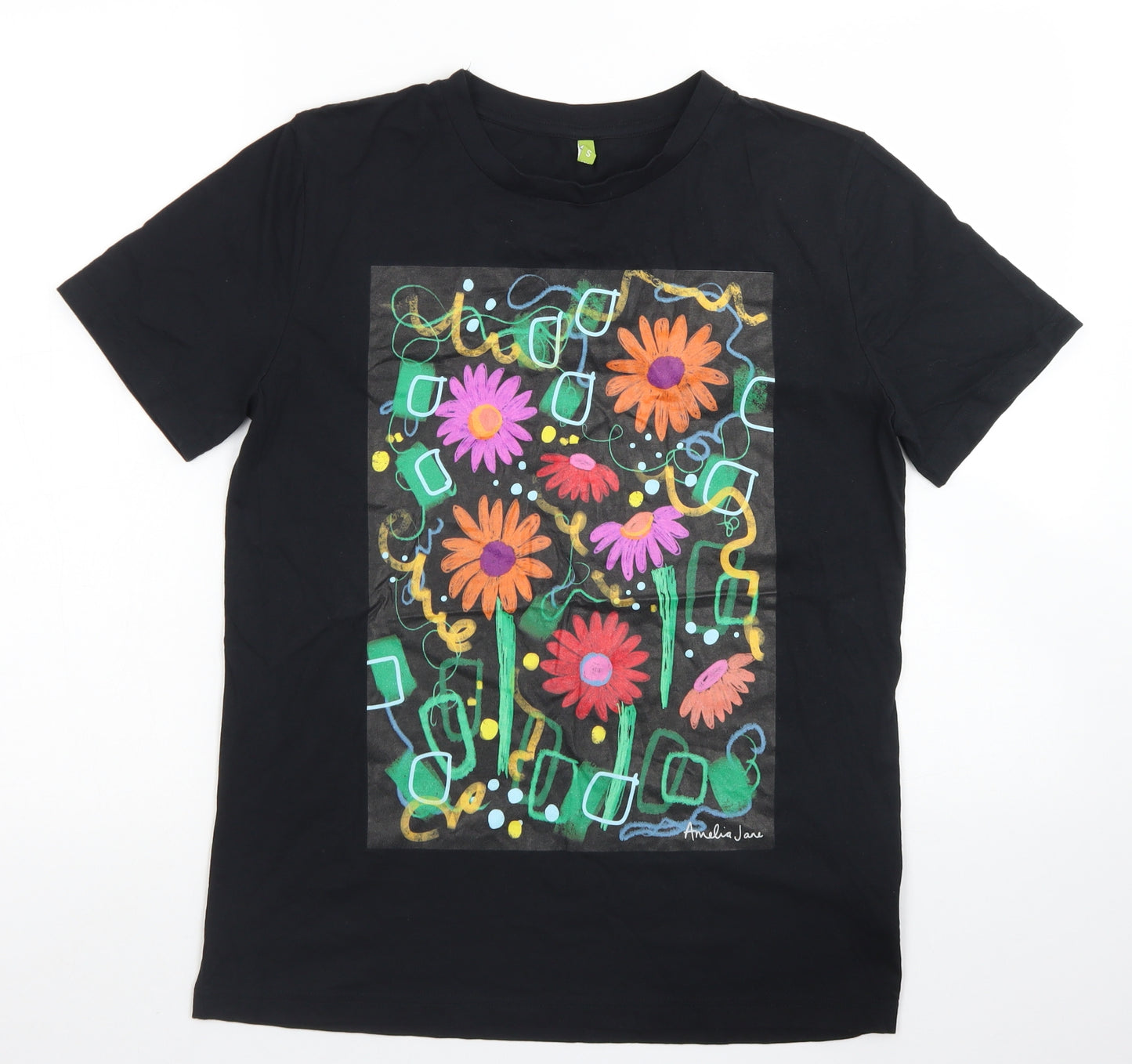 Rapanui Womens Black Floral Cotton Basic T-Shirt Size S Crew Neck