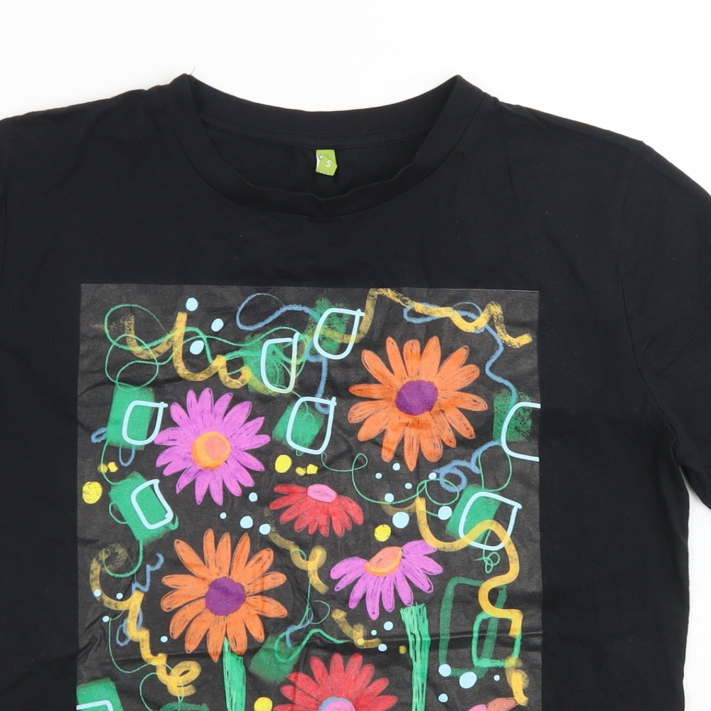 Rapanui Womens Black Floral Cotton Basic T-Shirt Size S Crew Neck