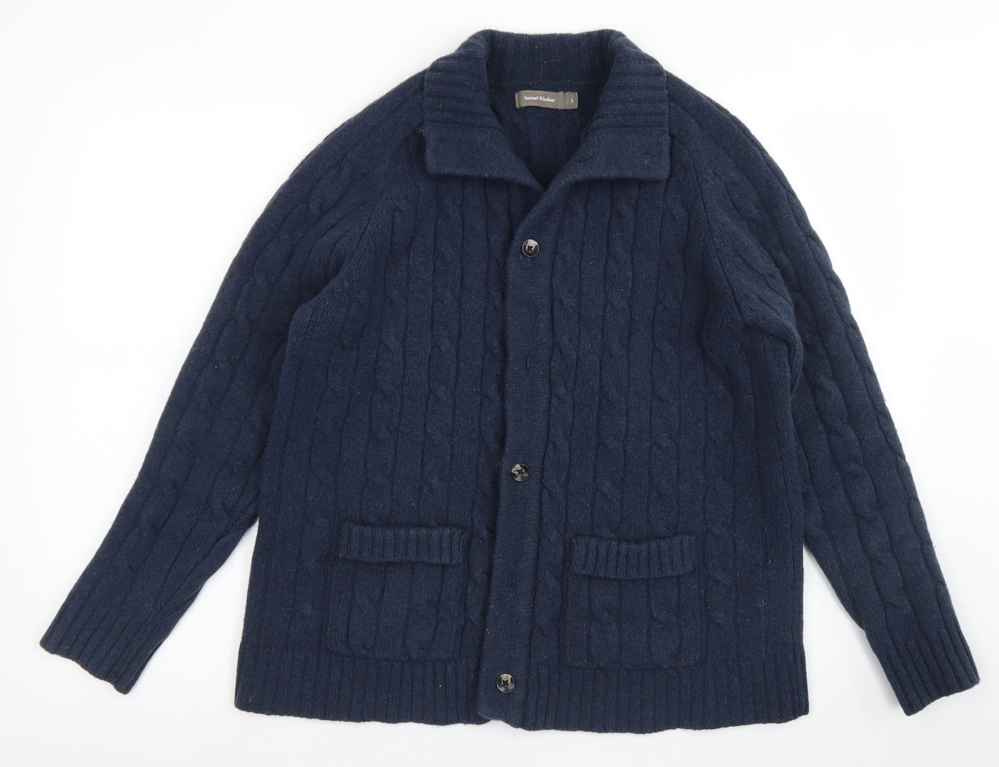 Samuel Windsor Mens Blue Collared  Wool Cardigan Jumper Size L