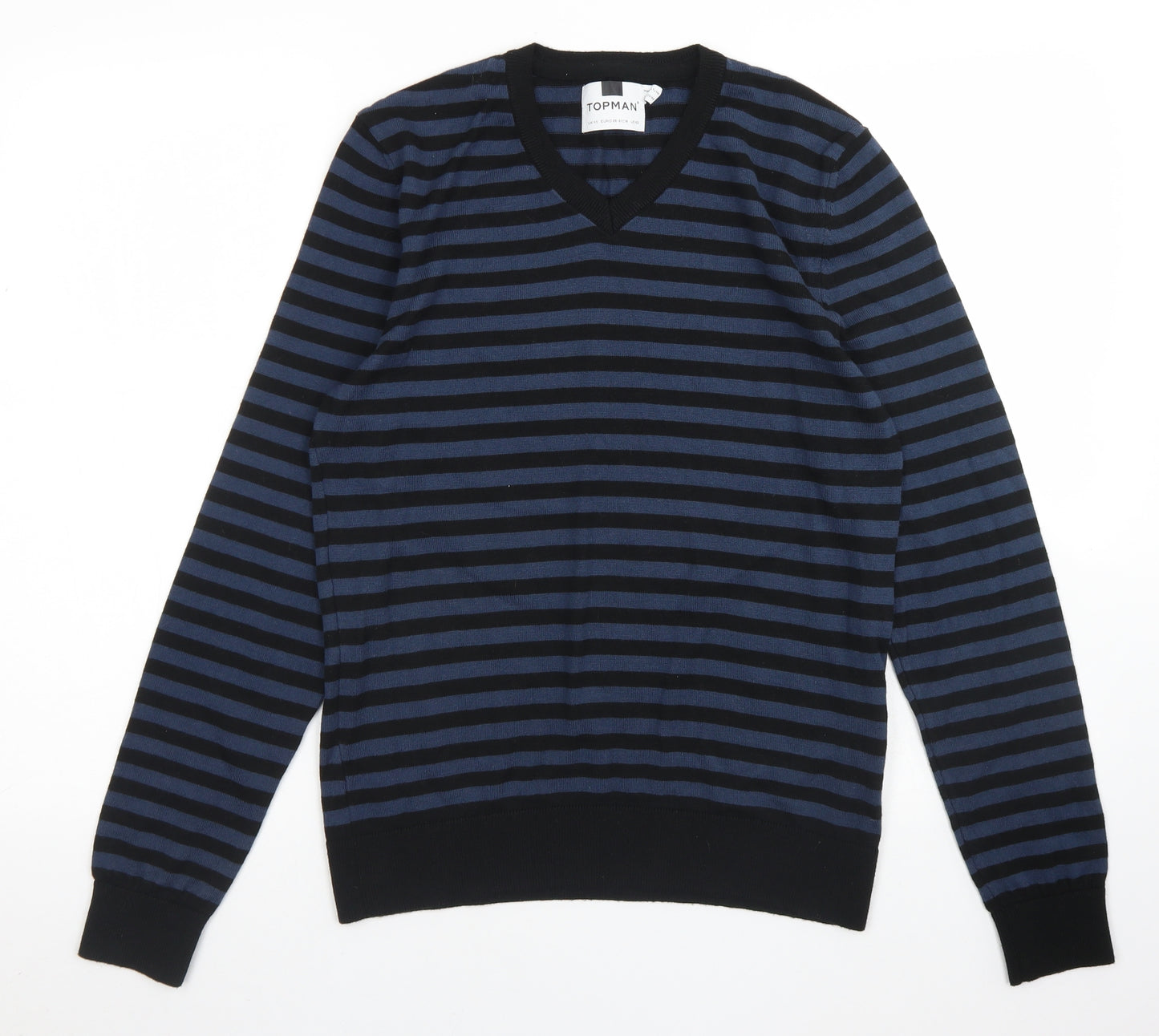 Topman Mens Blue V-Neck Striped Cotton Pullover Jumper Size XS