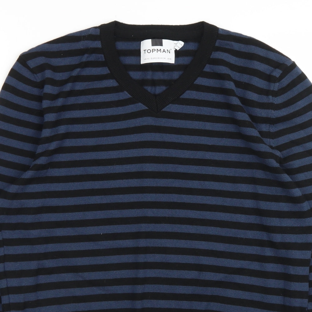 Topman Mens Blue V-Neck Striped Cotton Pullover Jumper Size XS