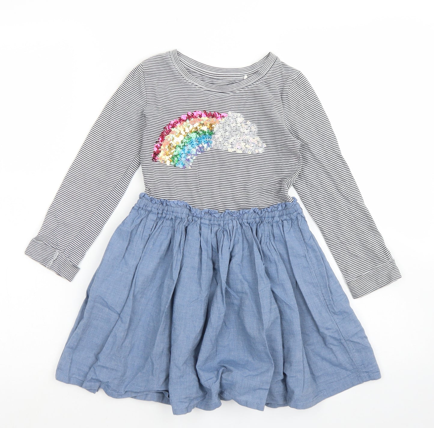 NEXT Girls Blue Striped Cotton Skater Dress  Size 6 Years  Crew Neck  - Rainbow