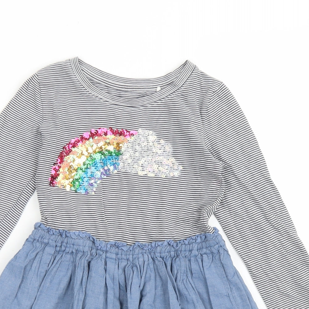 NEXT Girls Blue Striped Cotton Skater Dress  Size 6 Years  Crew Neck  - Rainbow