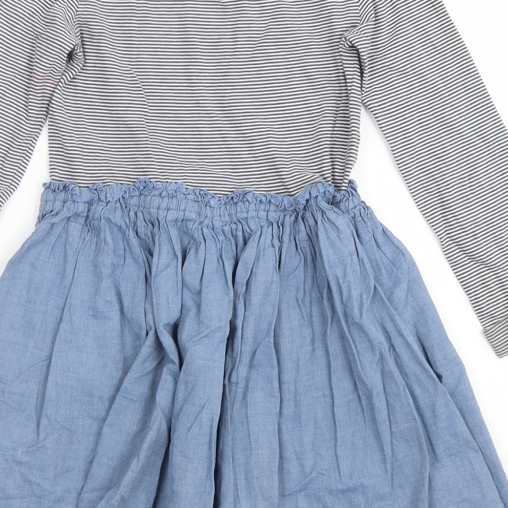 NEXT Girls Blue Striped Cotton Skater Dress  Size 6 Years  Crew Neck  - Rainbow