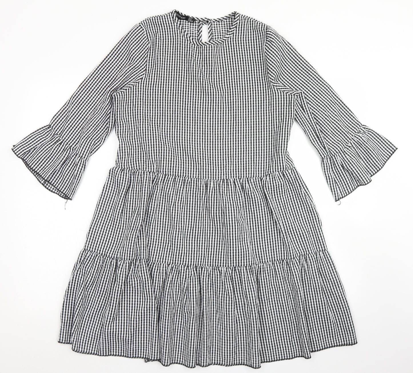 Boohoo Womens Black Check Polyester Fit & Flare  Size 8  Round Neck Button - Smock