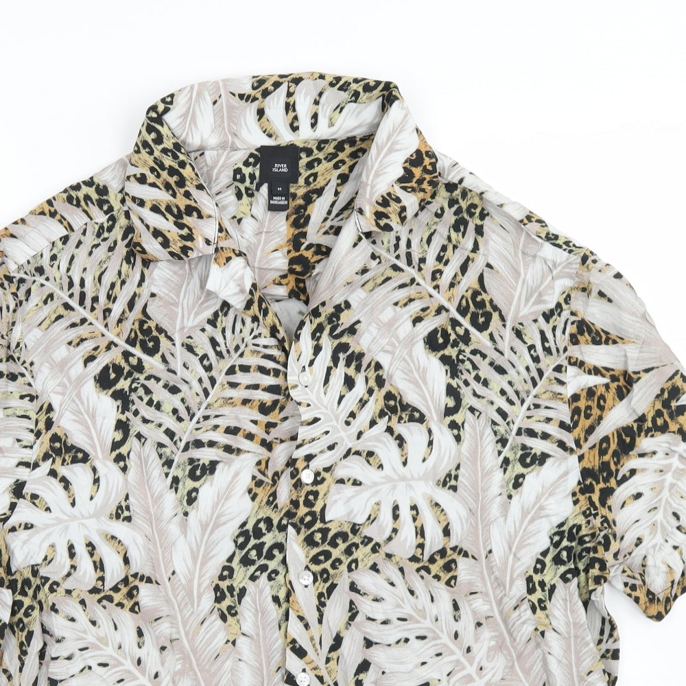River Island Mens Brown Animal Print Viscose  Button-Up Size M Collared Button