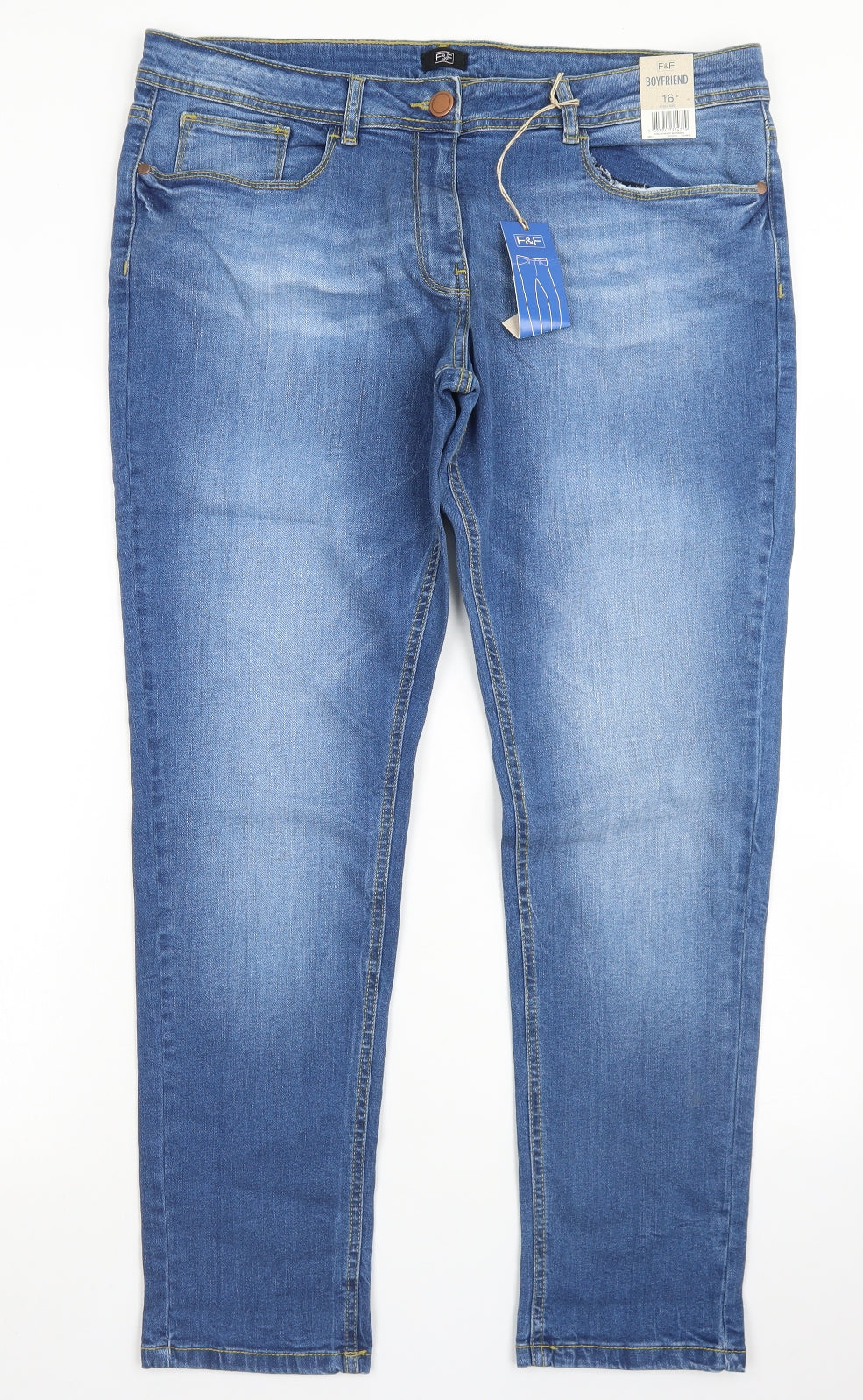 F&F Womens Blue  Cotton Boyfriend Jeans Size 16 L28 in Regular Button
