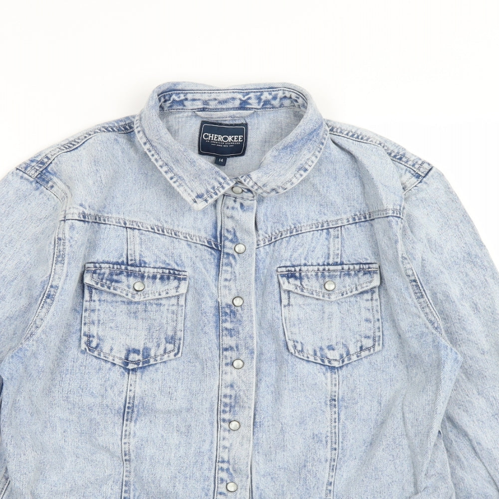 Cherokee Womens Blue  Cotton Basic Button-Up Size 14 Collared