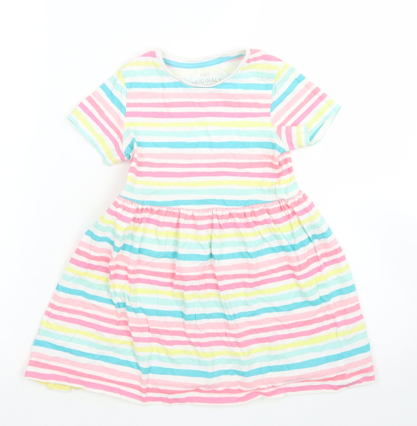 M&S Girls Pink Striped Cotton Skater Dress  Size 4-5 Years  Crew Neck