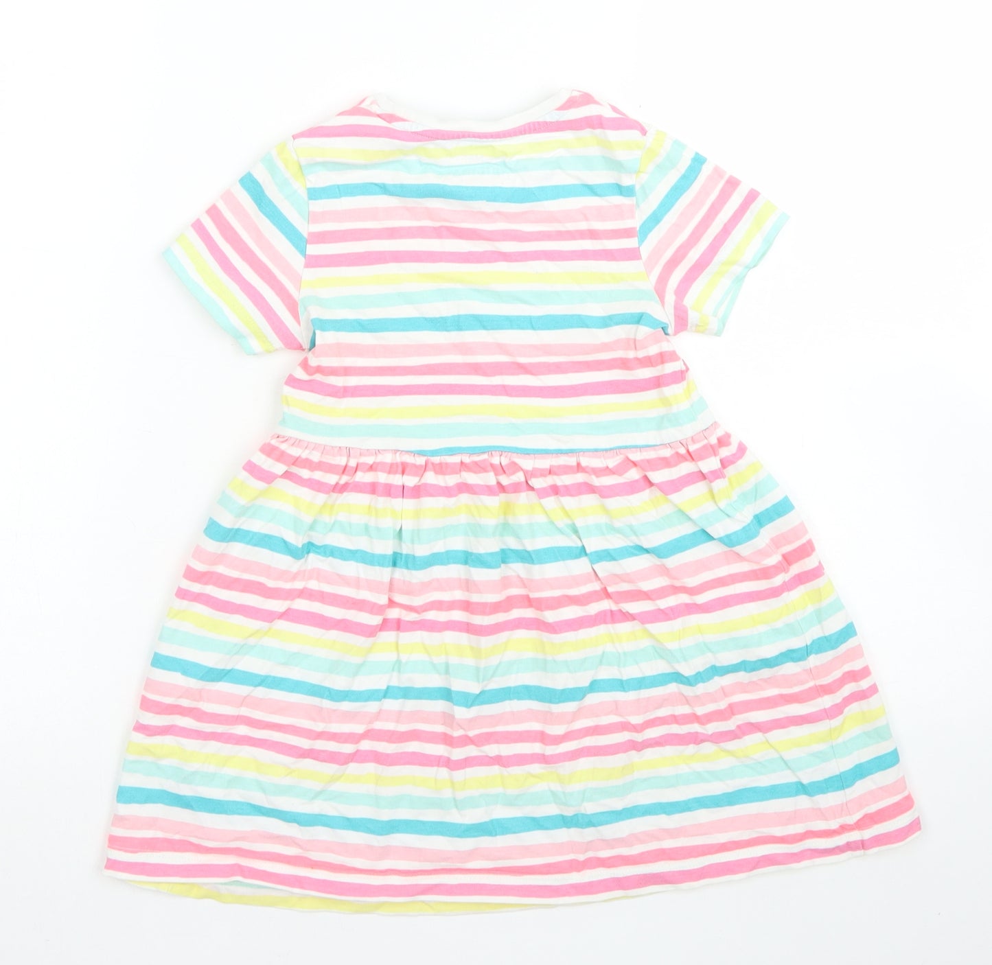 M&S Girls Pink Striped Cotton Skater Dress  Size 4-5 Years  Crew Neck