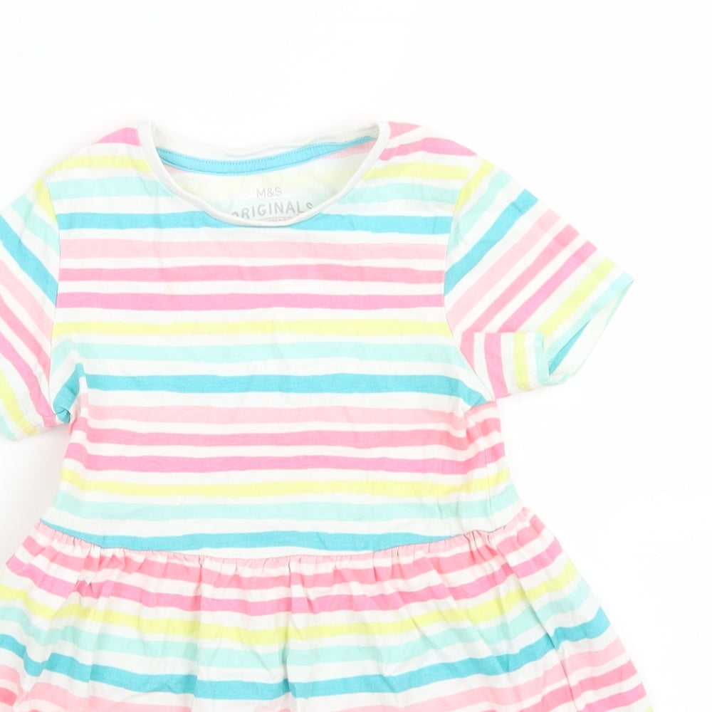 M&S Girls Pink Striped Cotton Skater Dress  Size 4-5 Years  Crew Neck