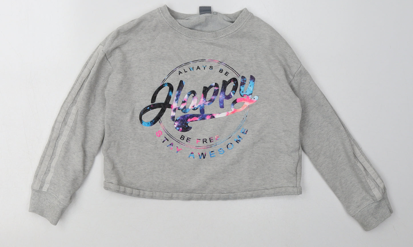 NEXT Girls Grey Geometric Cotton Cropped Casual Size 9 Years Crew Neck Pullover - always will be happy