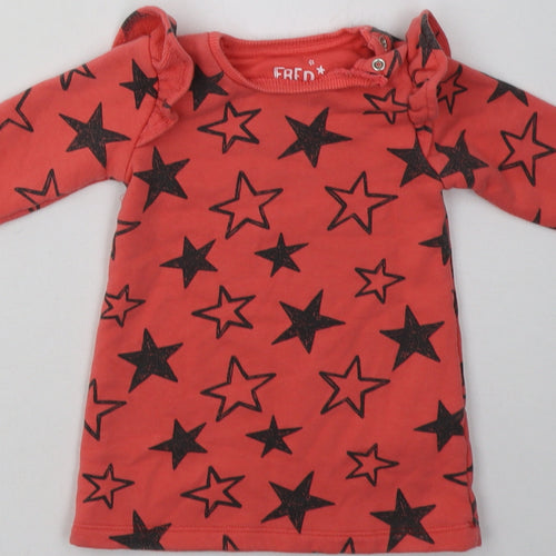 F&F Girls Red Geometric Cotton Jumper Dress  Size 3-6 Months  Crew Neck Buckle - Star Print