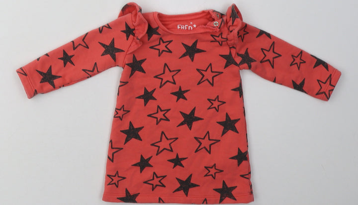 F&F Girls Red Geometric Cotton Jumper Dress Size 3-6 Months Crew Neck Buckle - Star Print