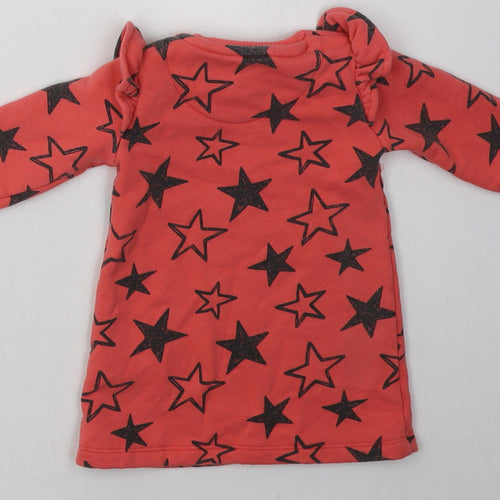 F&F Girls Red Geometric Cotton Jumper Dress  Size 3-6 Months  Crew Neck Buckle - Star Print