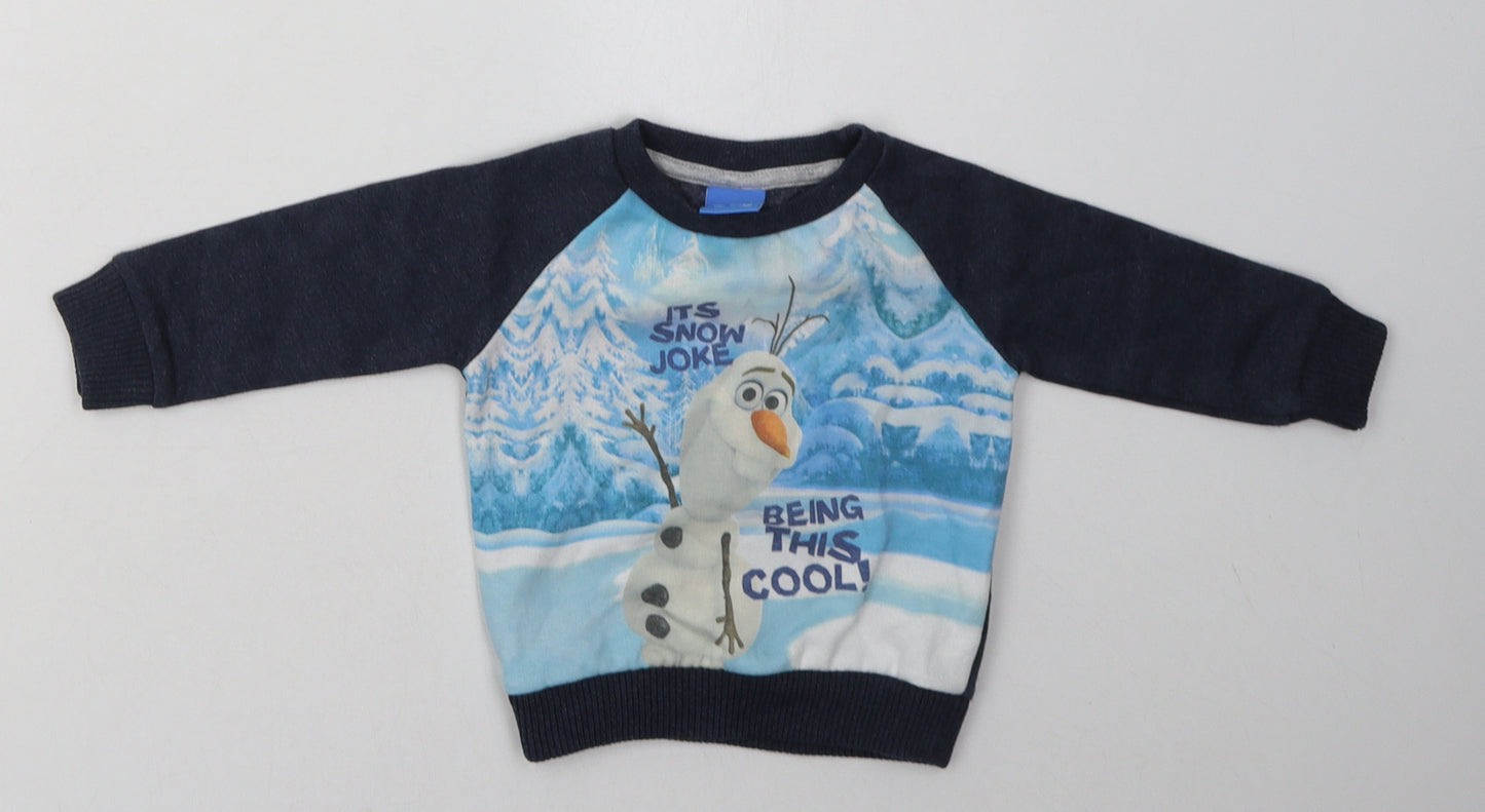 Disney Boys Blue Geometric Polyester Basic Casual Size 6-9 Months Crew Neck Pullover - olaf- frozen