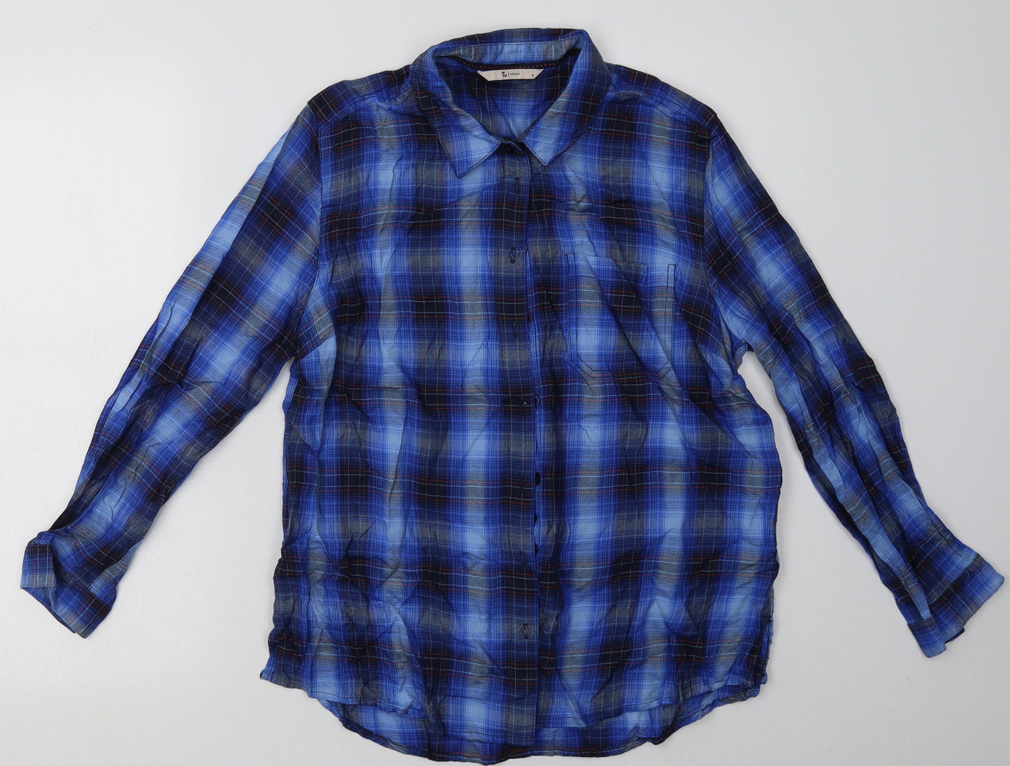 sainsburys Womens Blue Check Viscose Basic Button-Up Size 12 Collared