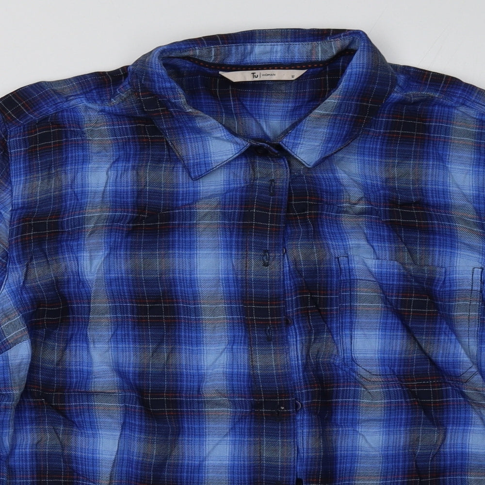 sainsburys Womens Blue Check Viscose Basic Button-Up Size 12 Collared