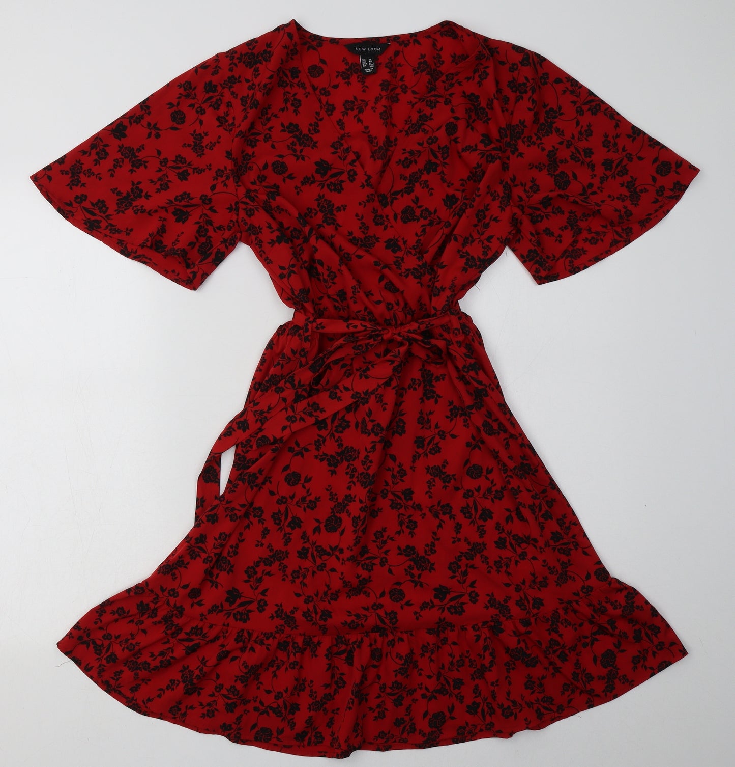 New Look Womens Red Floral Polyester A-Line  Size 12  V-Neck Tie