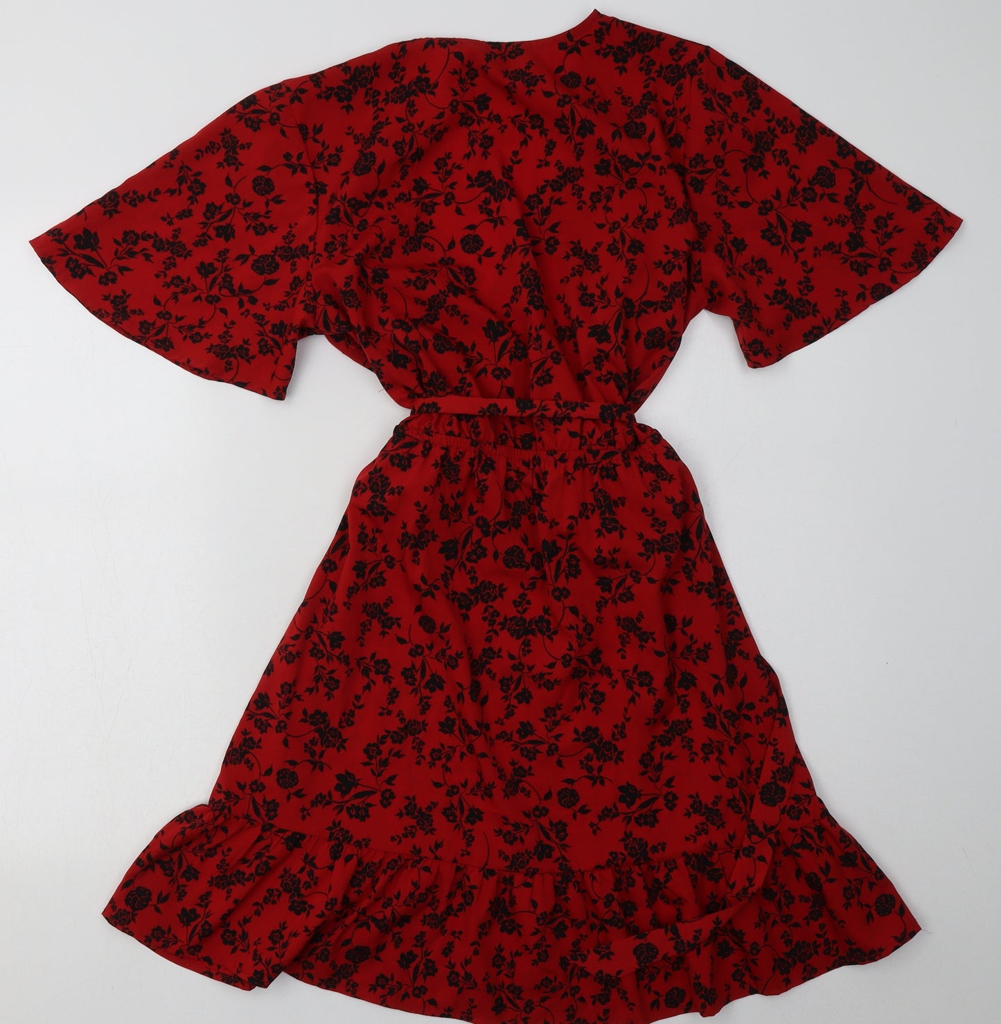 New Look Womens Red Floral Polyester A-Line  Size 12  V-Neck Tie