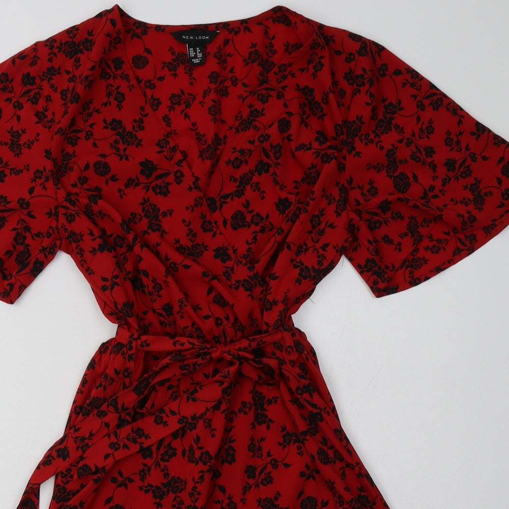 New Look Womens Red Floral Polyester A-Line  Size 12  V-Neck Tie