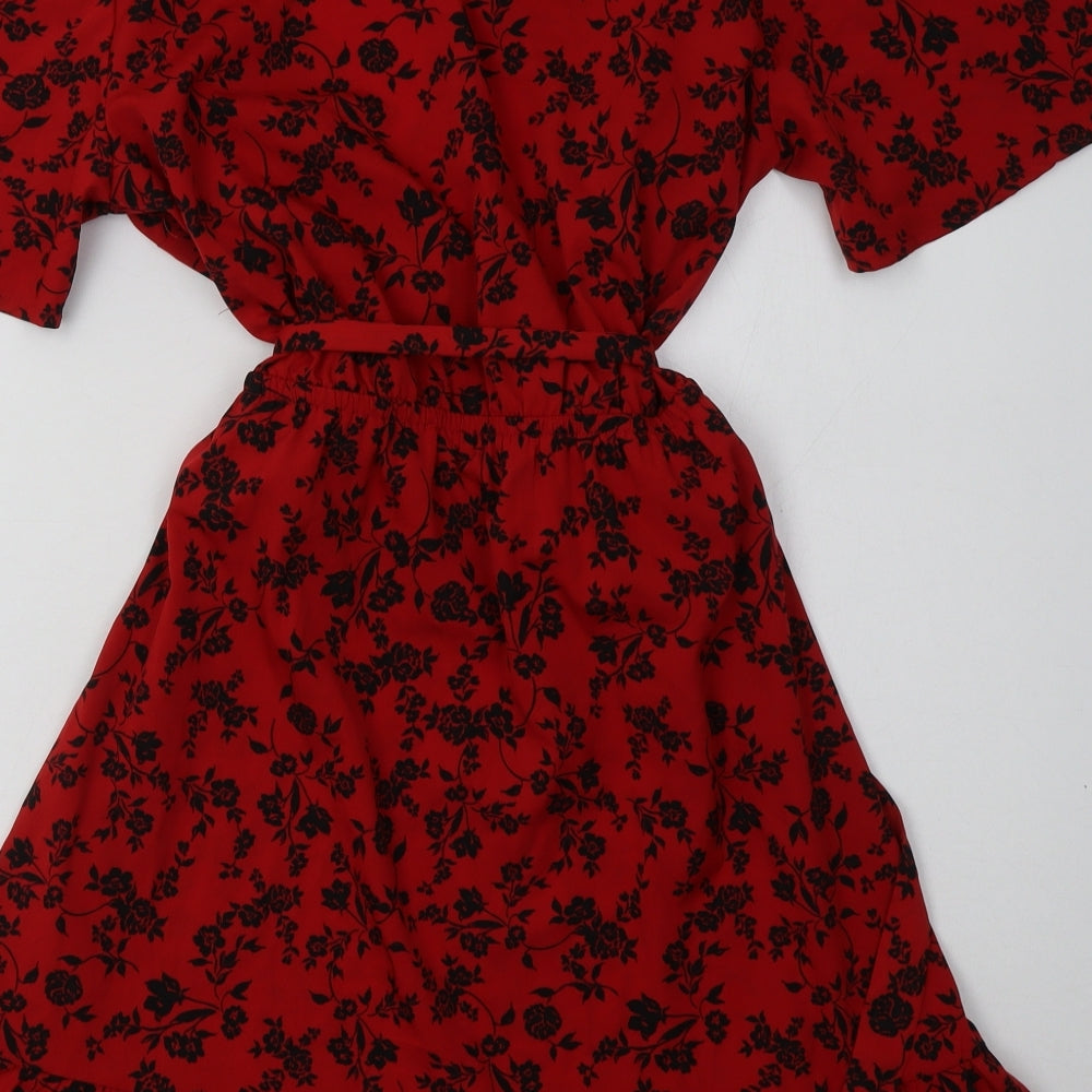 New Look Womens Red Floral Polyester A-Line  Size 12  V-Neck Tie