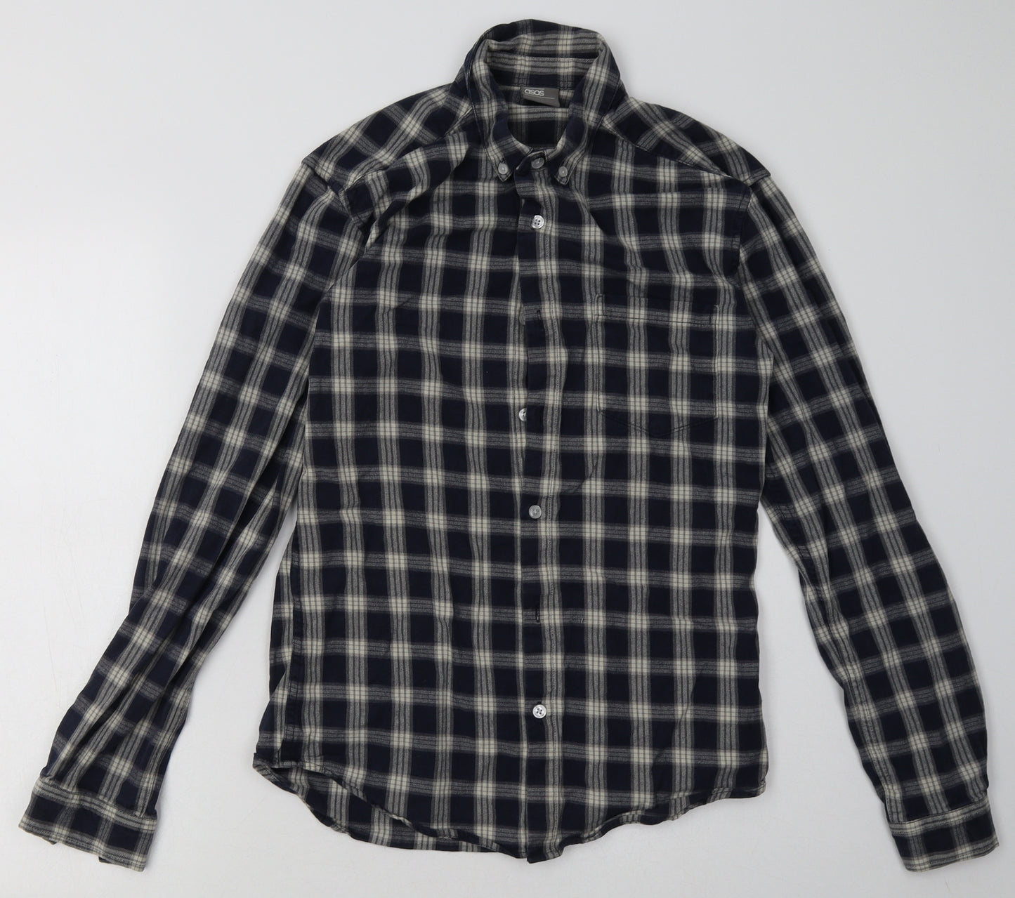 ASOS Mens Blue Check Cotton  Button-Up Size M Collared Button