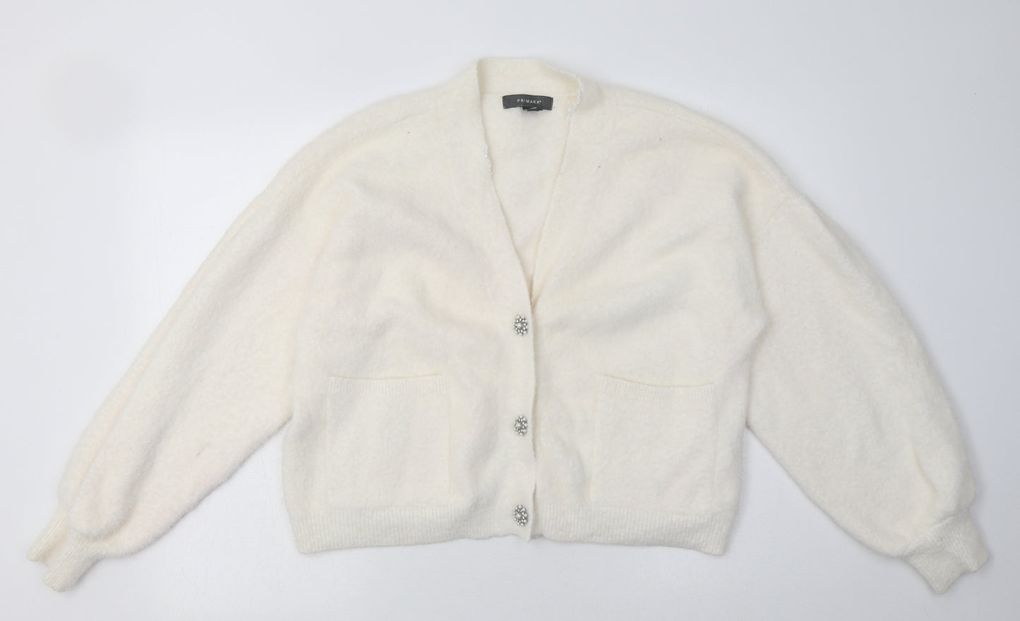 Primark Womens White V-Neck  Nylon Cardigan Jumper Size M