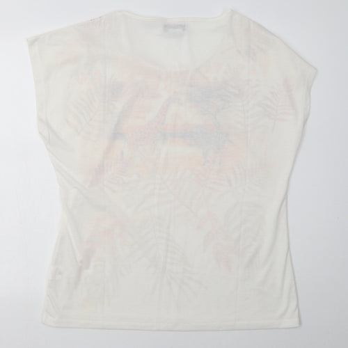 Atlas Womens White Geometric Polyester Basic T-Shirt Size 14 Crew Neck