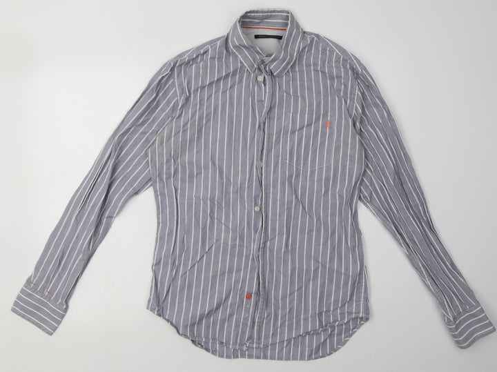 French Connection Mens Blue Striped Cotton  Button-Up Size S Collared Button