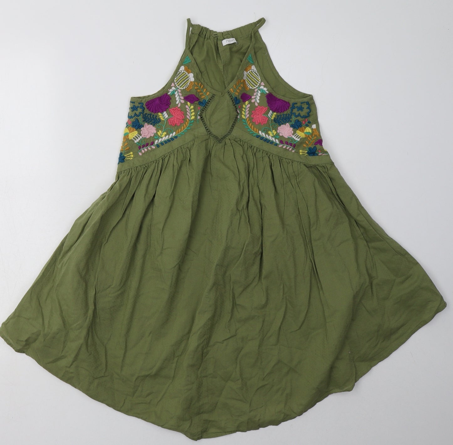 NEXT Girls Green Floral Cotton A-Line  Size 10 Years  V-Neck Button