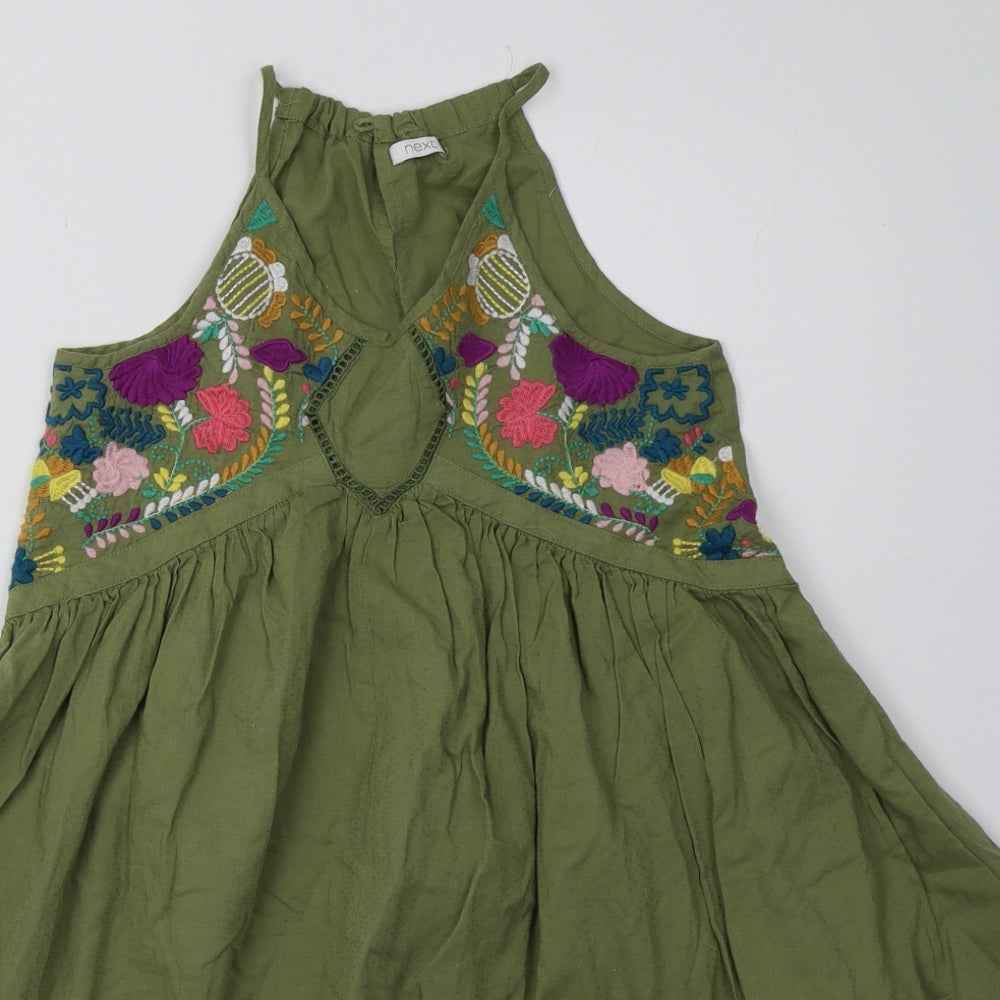 NEXT Girls Green Floral Cotton A-Line  Size 10 Years  V-Neck Button