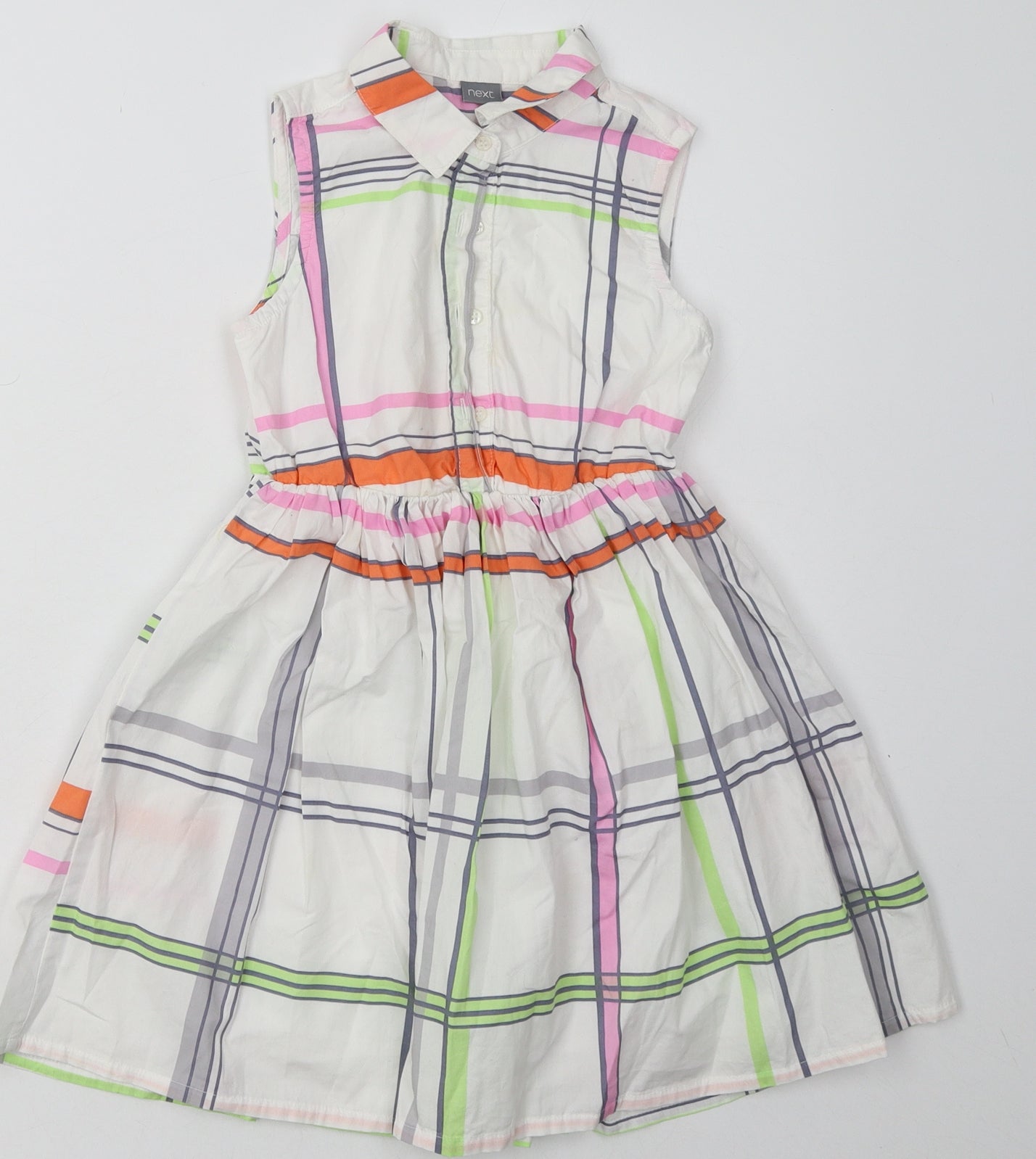 NEXT Girls White Check Cotton A-Line  Size 6 Years  Collared Button