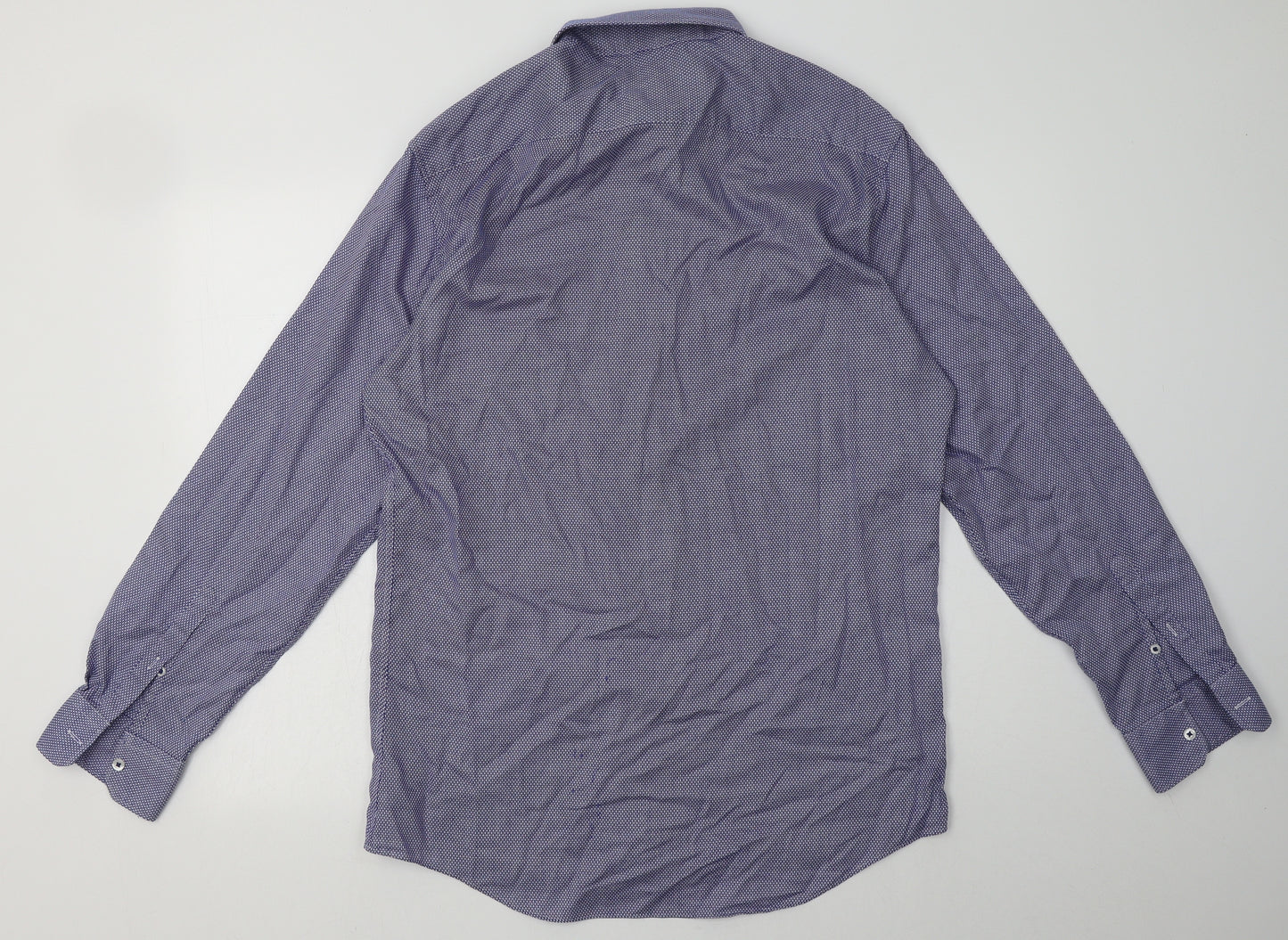 Marks and Spencer Mens Blue Geometric Cotton  Button-Up Size 16 Collared Button