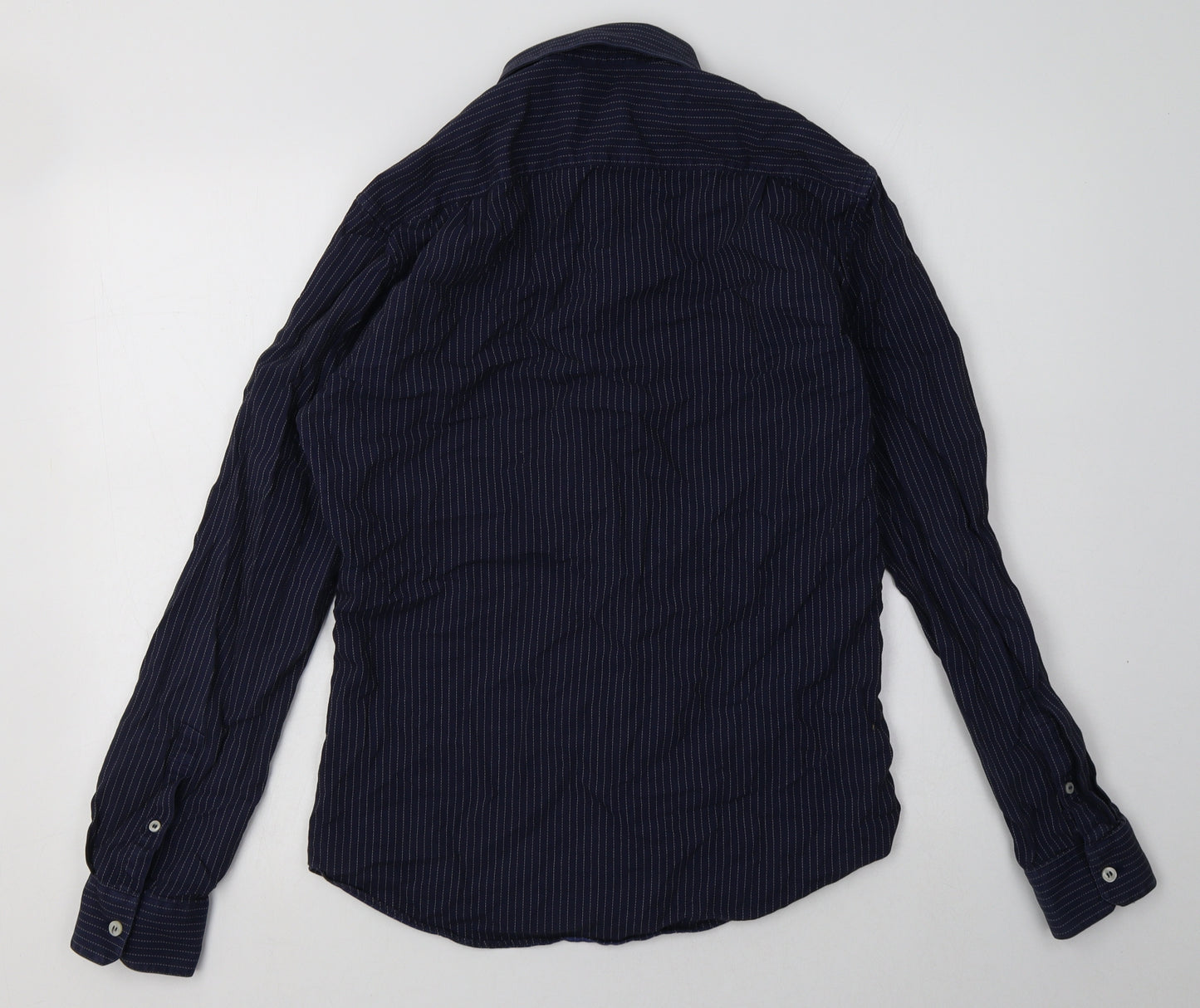 DKNY Mens Blue Striped Cotton  Button-Up Size 15.5 Collared Button