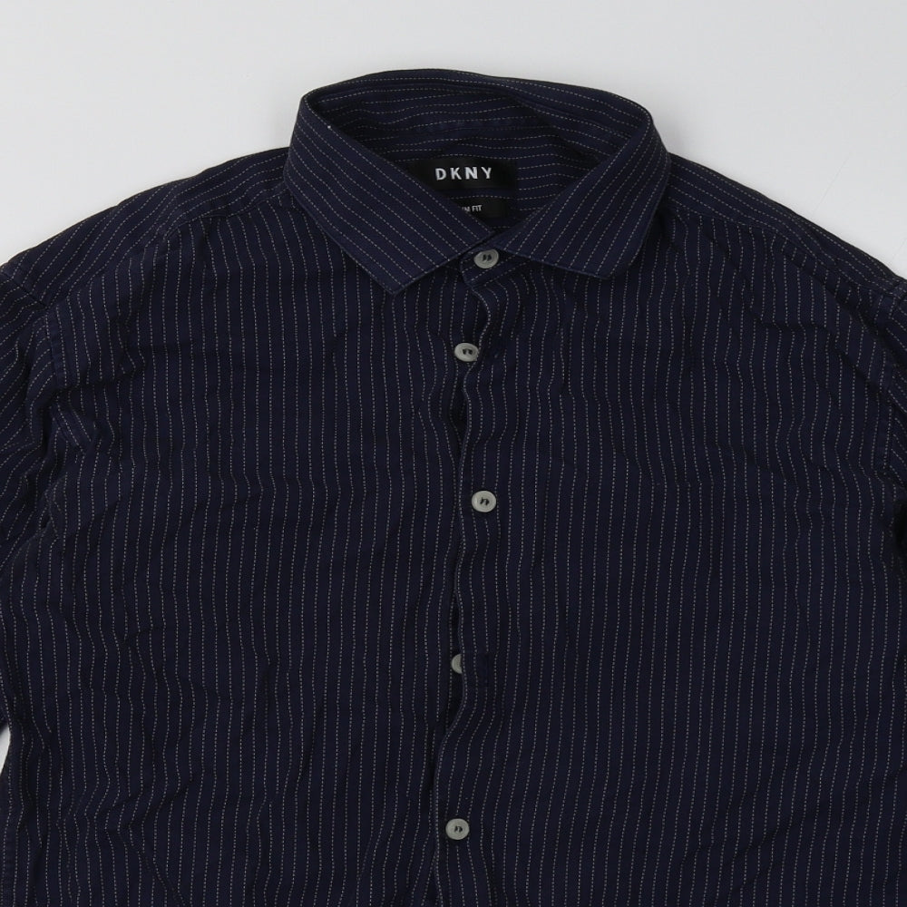 DKNY Mens Blue Striped Cotton  Button-Up Size 15.5 Collared Button